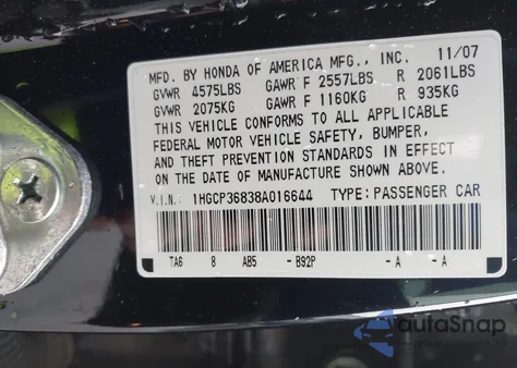 2008 Honda Accord 3.5 Ex-L z USA, uszkodzony, nr VIN 1HGCP36838A016644